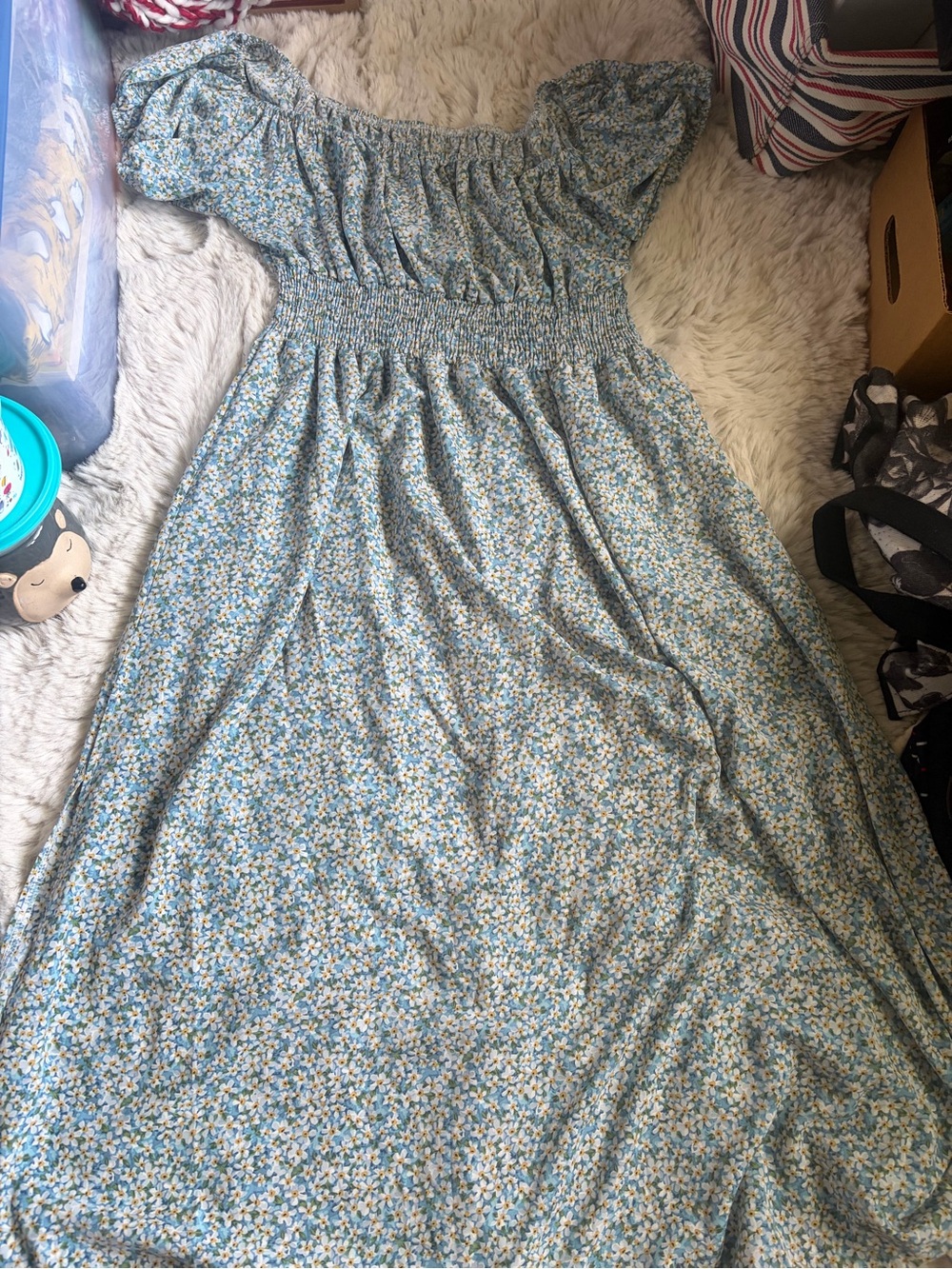 Floral Smocked Waist Blue Maxi Dress